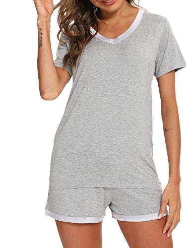 Bapooway Women's Bamboo Viscose Short Sleeve V-Neck Pajama Short Sets Sleepwear Petite Plus Size S-4Xl, Heather Grey, 2X-Large #TOP19