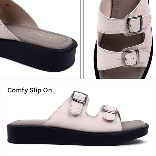 Image of TRASE Sandals For Woman | Slippers For Woman | Flats | Casual Double Strap Sliders Sandal With Adjustable Ankle Strap | Women Sandals | Comfortable | Lightweight | Women Footwear