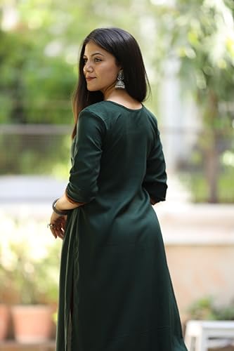 Image of Women's Rayon Straight One Piece Kurti with Ethnic Thread Embroidery | Round Neck 3 /4 Sleeve Calf Length Kurta for Office Bottle Green & Navy Blue | (M-XXL)