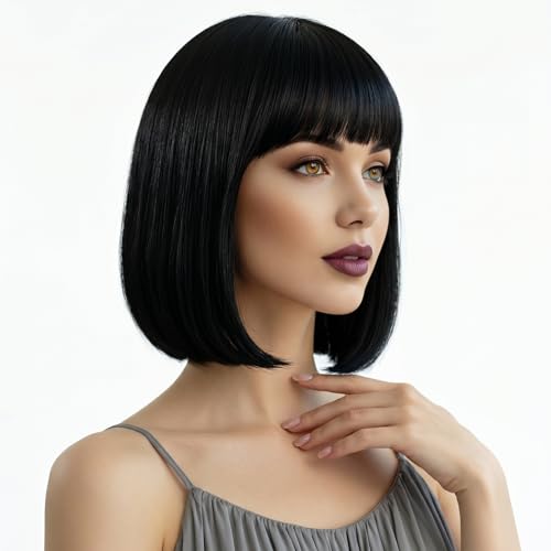 Ruvan Perruque Carré Noir Frange, Peruque Naturel Courte Femme, Longueur des épaules, Fibres synthétiques, 30 cm lisse avec frange Cosplay Utilisation...