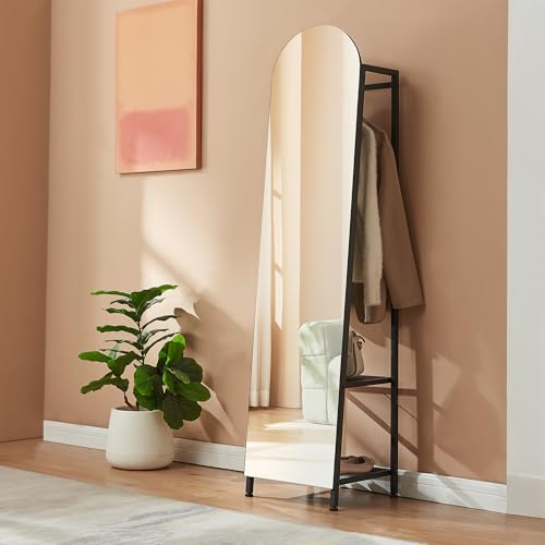 [en.casa] Espejo de Pie y Perchero Frenraby Mueble de Salón con Espejo de Cuerpo Entero 2 en 1 con Estantes y Barra para Colgar Ropa Dormitorio Vestidor Entrada Metal 165 x 40 x 35 cm - Negro