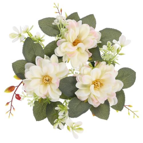 Cabilock Floral Wreath Ring with Realistic Dahlia Artificial Flowers Candle Wreath Table Decoration for Wedding Photography Props and Festive Centerpiece