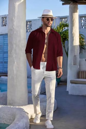 DEELMO Men's Red Textured Long Sleeve Shirt - Image 4