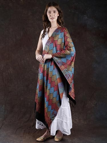 Black-Onyx Rayon Stole from Punjab with Woven Multicolor Parsi Design3