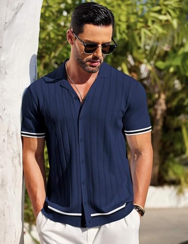 COOFANDY Men's Short Sleeve Knit Shirt Casual Button Down Shirt Vintage Striped Knitted Golf Beach Tops2