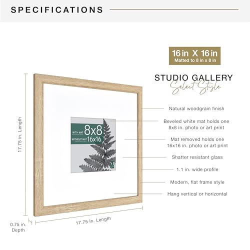 MCS Studio Gallery 16x16 Matted Photo Frame with 8x8 Picture Display, Natural Woodgrain Vertical & Horizontal Wall Hanging Large Picture Frame for Photos & Art Prints (1-Pack)