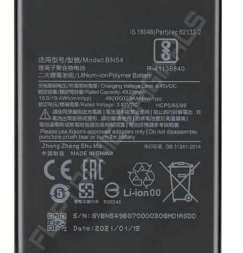 FLIPTRONICS ORIGINALS™ BN54 Battery for Redmi Note 9 / 10x 4G / 10X 5G / 10x pro 5G / M2003J15SC, M2003J15SG, M2003J15SS Battery with 1 Year Warranty**** (A18)