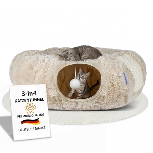 3-in-1 Katzentunnel mit Katzenbett & Kratzflächen | Flexibel nutzbarer Premium Katzentunnel aus weichem Plüsch als Katzenhöhle, Katzenkorb &...