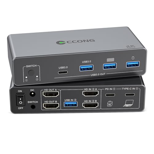 Image of USB C HDMI KVM Switch 2 Monitors for 1 Laptop and 1 Desktop 4K@60Hz, Dual Monitor KVM Switch,Docking Station KVM Switches with 4 USB 3.0 Port, 100W PD Charging, Wired Remote and USB Cable Included