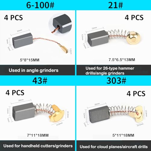 40 Stück Elektrowerkzeug Kohlebürsten Ersatz Set – 10 Größen Universal Motor Kohlebürsten für Bohrhammer, Bohrer, Winkelschleifer