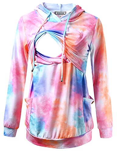 Image of GINKANA Womens Nursing Hoodie Top Sweatshirt Long Sleeve Button Decoration Pockets Shirts Tunic Top