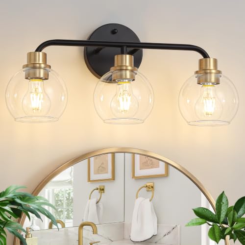 Image of 3 Light Bathroom Vanity Light, Black and Gold Bathroom Light Fixtures