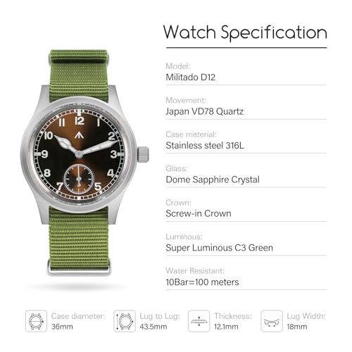 Image of TACTICAL FROG Militado D12 Military Mens Watch VD78 Quartz Sapphire Crystal C3 Super Luminous 36mm Dial Military-Style Dress Watches, 100M Waterproof