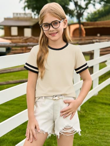 Image of Haloumoning Girls Short Sleeve T Shirts Kids Summer Crewneck Color Block Tops Fashion Tees 5-14 Years