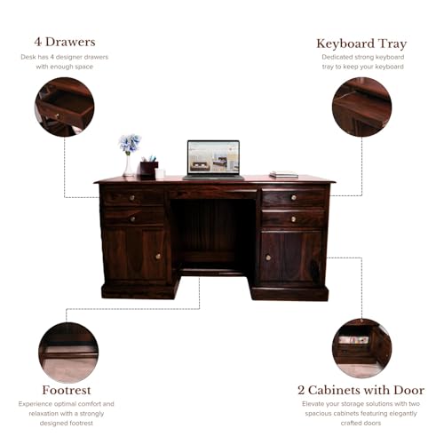 Image of Solid Sheesham Wood Office Desk with 4 Drawers & 2 Cabinets, Wooden Computer Table with Keyboard Tray & Footrest, Study Writing Desk for Home Office Furniture (Natural Walnut Finish)