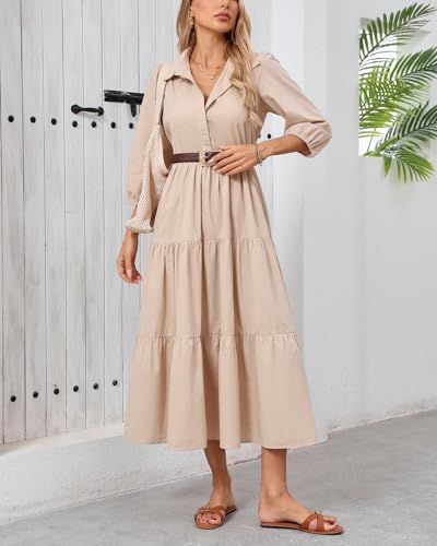 Image of Women Button Down Maxi Shirt Dress Long Sleeve Flowy Tiered Collared Dresses with Pockets