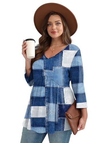 Image of OFEEFAN 3 /4 Length Sleeve Womens Tops 2026 Blouses for Women Dressy Casual Fashion Clothing V Neck Babydoll Tops Fall Outfits