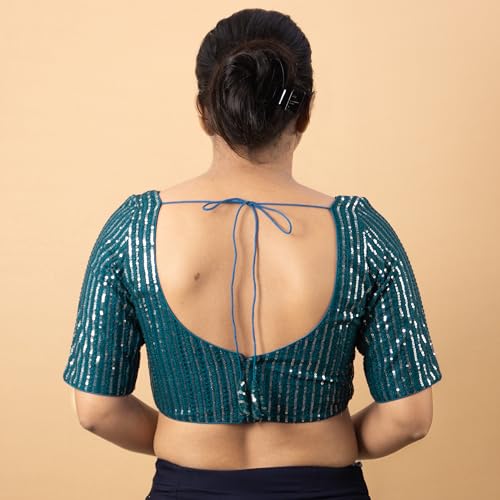 Women's Sequin Embroidered V Neck Elbow Half Sleeve Readymade Saree Blouse Indian Ethnic Designer Stitched Plus Size Top Padded Lavender Pink Blue Silver Black Gold Red Green | E1