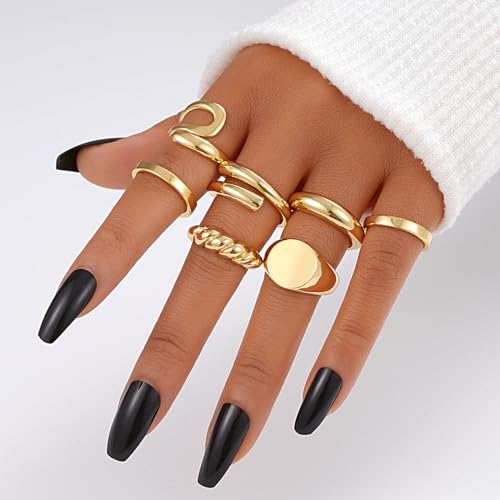 FAXHION 10PCS 18K Gold Chunky Rings for Women Girls, Gold Plated Twisted Rings Set Pack Stackable Knuckle Midi Rings Adjustable Open Ring Band Statement Jewelry, Non-Precious Metal
