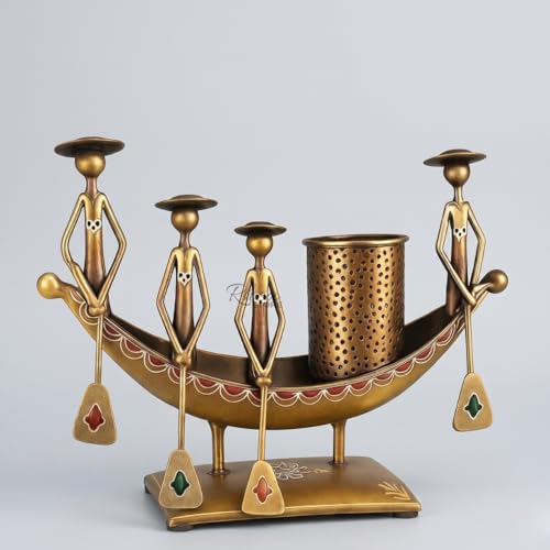 Image of Antique Metal Boat Pen Stand, Copper Gold 4-Man Rowing Showpiece Table Decor Item for Office Desk, Corporate Bulk Gifting and Study Room Decoration (Pack of 1)
