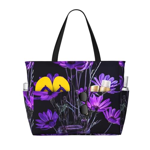 (Purple Butterfly Print) Large Beach Tote Bag for Women Waterproof Sandproof Travel Shoulder Bag with Pocket for Pool Vacation Weekend Gym
