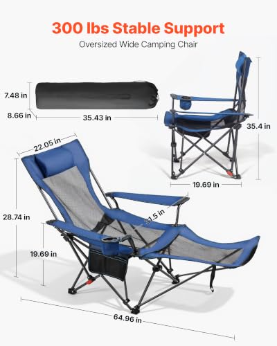 VEVOR Silla de Camping Reclinable 2 en 1 con Reposapiés para Adultos, 4 Posiciones Ajustables, Silla Ligera de Malla Portátil para Playa, Soporta 300 lbs, Azul miniatura 3