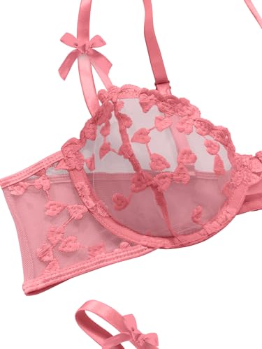 Image of Lilosy Sexy Underwire Cute Push Up Strappy Embroidered Mesh Sheer Lingerie Set See Through Panty Bra