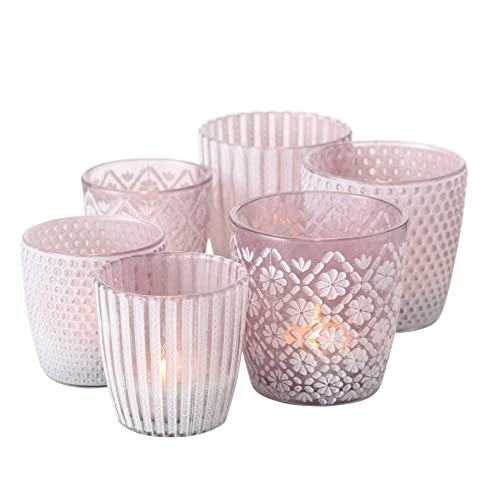 Seaside No.64 - Windlicht-Set 6 teilig aus Glas 7-9cm - Teelichthalter für Romantisches Ambiente - Kerzenständer mit 3 Designs in je 2 Größen - Retro Kristall Ornamente - (Flieder, Set)