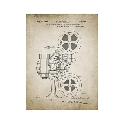 Lienzo de cámara vintage y láminas de patentes de cine para decoración de pared