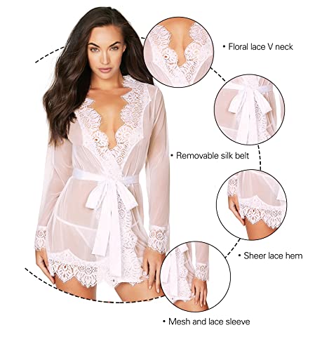 Image of RSLOVE Women Lace Kimono Robe Sexy Babydoll Lingerie Mesh Cover Up Bridal Lingerie