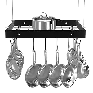 KES Opknoping Pan Rack Keuken Pot Rack Plafond Pot Plank Mat Zwart 40CM Pot en Pan Rack met 10 Haken, KUR219S40-BK