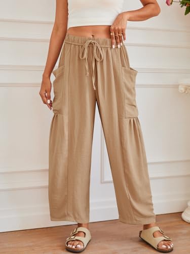 YKR Women‘s Linen Wide Leg Pants Casual Loose Lightweigt Beach Palazzo Harem Pants 2024 Khaki M2