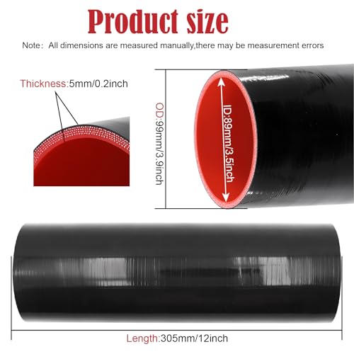 Image of ID 3-1 /2 Inch Straight Coupler Silicone Hose 4 Ply 12 Inch Length as Turbocharger Tube Air Intake Pipe with 4 Stainless Steel T Clamps