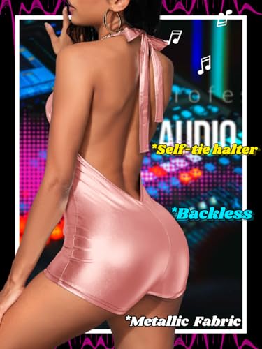 Image of EHSUYAB Sexy Metallic Bodycon Romper, Tie Halter, One Piece Backless Club Outfit