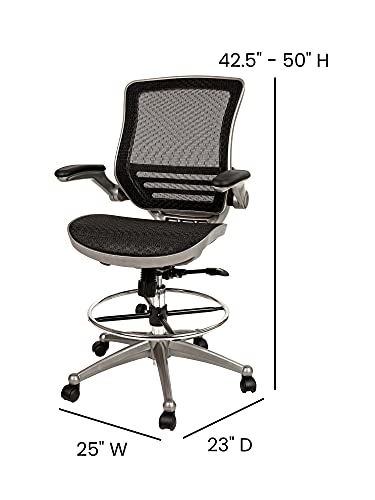 Flash Furniture Waylon Mid-Back Transparent Black Mesh Drafting Chair With Graphite Silver Frame And Flip-Up Arms #TOP2