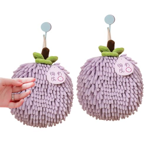 VIVASIGHT 2 Pack Fuzzy Ball Hand Towels Soft Absorbent Chenille Ball Towel Sets, Cute Decorative Hand Dry Towels with Hanging Loops for Kitchen Bathroom (2, Purple), Small