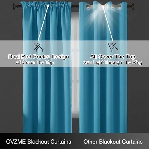 Image of Turquoise Blackout Curtains for Small Window Treatment, Light Blocking Short Kitchen Window Curtains Over Sink, Dual Rod Pocket Half Window Tiers for Bathroom Basement, 2x40Wx36L Inches