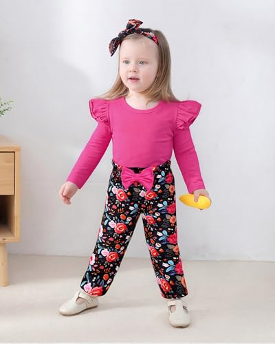 SANMIO Toddler Girl Clothes Outfits Cute Ruffle Sleeve Shirt Floral Pant+Headband 3Pcs Baby Girl Clothing Set 5-6T