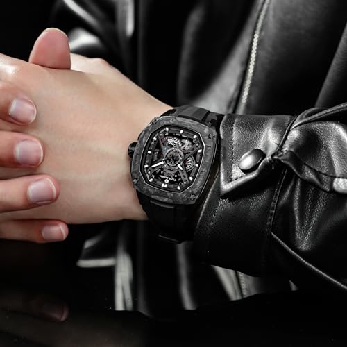 Image of TSAR BOMBA Luxury Mechanical Watches for Men with Carbon Fiber Case Men Wristwatch Luminous 5ATM Water Resistant Men's Watch with Fluorine Rubber Strap Great Gifts for Men