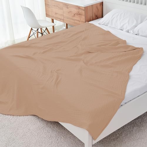 Image of Cosy Family 4 Layer Muslin Bed Blanket - Breathable and Lightweight Gauze Boho Blanket for Spring, Soft 100% Cotton Muslin Blanket, Brown, 55x80 Inches