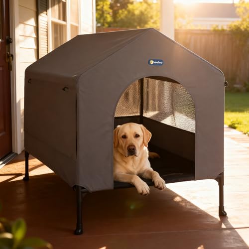 Veehoo 41' Dog House, 2-in-1 Large Dog House Outdoor Indoor Weatherproof, Outside Elevated Dog Cot Bed Dog Tent Shade, Three-Sided Breathable Mesh Windows and Sunshades, CWC2435CP