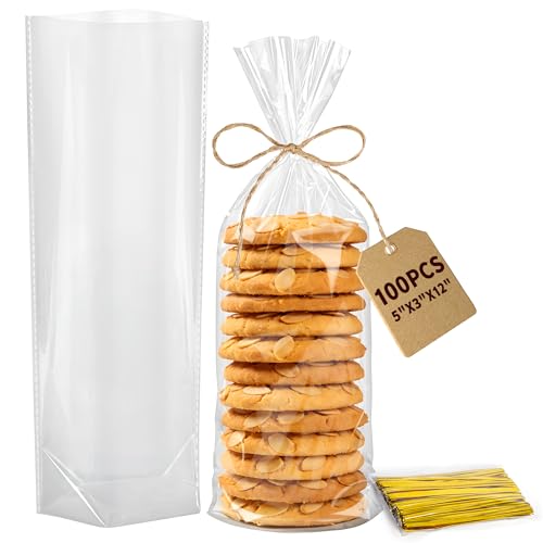 Flat Bottom Cellophane Bags with Twist Ties 100 Pcs 5x3x12 Inches Cellophane Wrap for Gift Clear Cello Bags Flat Bottom Clear Treat Bags Plastic Packaging for Cookie Candy Goodie (No Side Gusset)