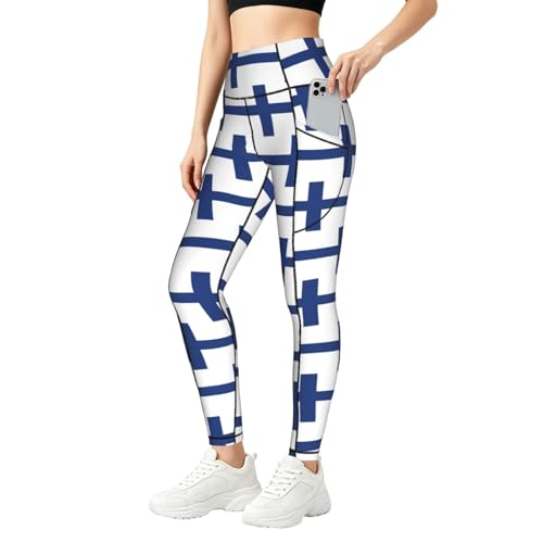 Leggings con estampado de bandera finlandesa y bolsillos pantalones elásticos