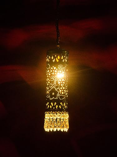 Image of Hand Carved Brass & Crystal Mini Cylinder Hanging Light Lamp Diwali Decoration for Home Decoration