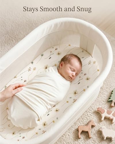 Image of Bassinet Sheets for Baby Girls Boys 2 Pack, Fitted Baby Mattress Sheet for Rectangle, Oval, Hourglass Bassinet Mattress, Breathable Cozy & Universal Fit (Butterfly Garden, Bassinet Sheet)