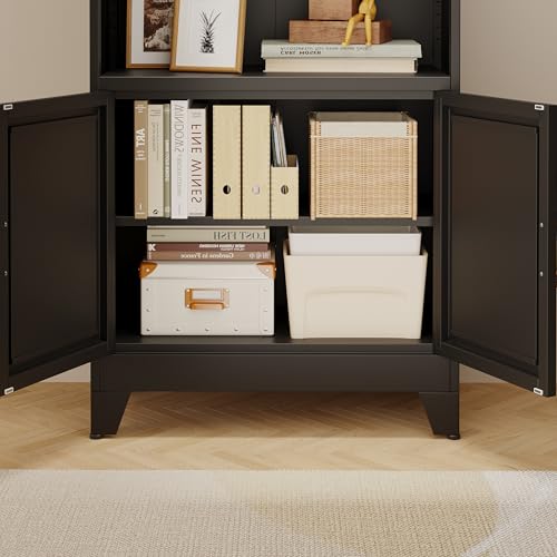 erosoei 71" H Tall Metal Bookcases and Bookshelves with 2 Doors and Adjustable Shelves，Tall Storage Cabinet Industrial Bookshelf 6-Tier Open Display Shelf，Decor Furniture for Living Room, Bedroom