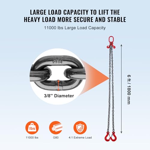 VEVOR Élingue Chaîne de Levage 2 Brins avec Crochets et Ajusteurs, 10 mm x 180 cm, Capacité de Charge 5000 kg, Grade 80, pour Chariot Élévateur, Palan à Moteur, Quai, Chantier de Construction, Usine – vue 3
