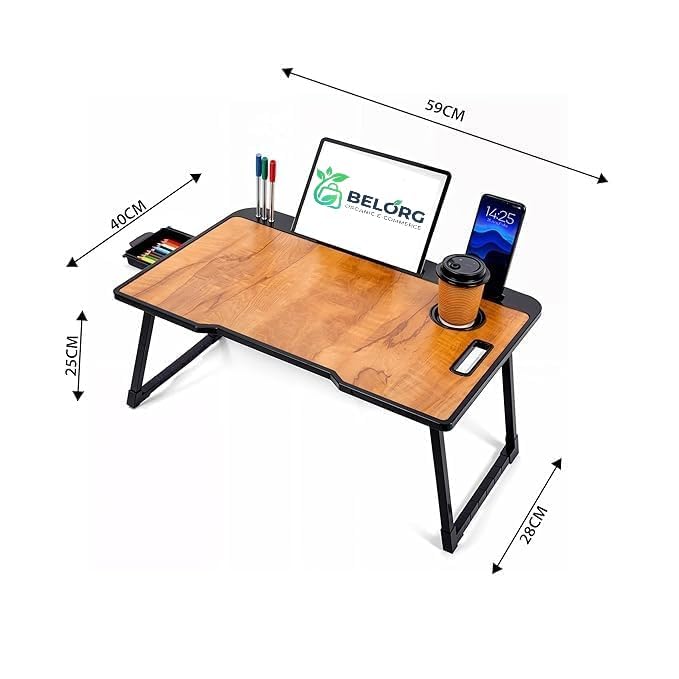 Image of Wood Smart Multipurpose Foldable Laptop Table with Cup Holder, Study Table, Bed Table, Breakfast Table, Foldable and Portable /Ergonomic & Rounded Edges /Non-Slip Legs (BROWEN)