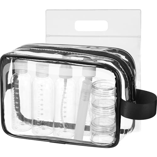 MOCOCITO Neceser Transparente con 8 Botellas de Viaje (MAX.100ml) y 1 Bolsa de Vuelo para Líquidos (20x20 CM,1L), Bolsa de Cosméticos Impermeable para Hombre y Mujer