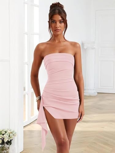 Women's Strapless Satin Homecoming Dresses Short with Ruffle Bodycon Corset Cocktail Party Dress VS2463